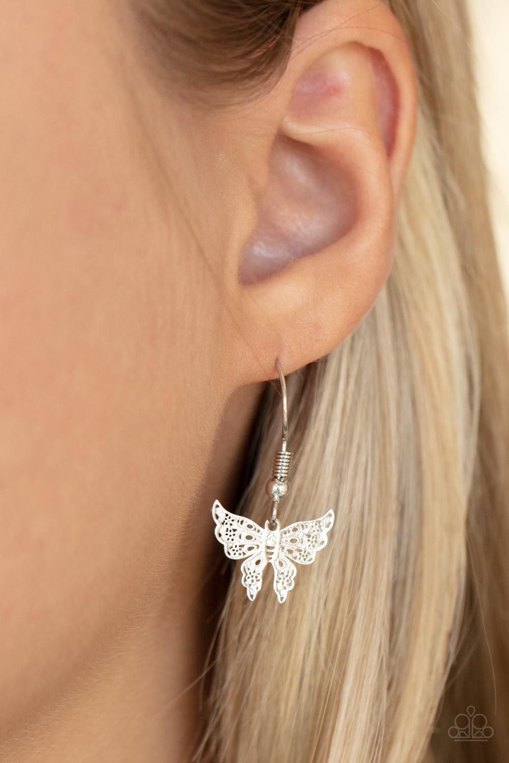 Bountiful Butterflies White and Silver Necklace - Paparazzi Accessories - free matching earrings -CarasShop.com - Paparazzi Jewelry by Cara Jewels