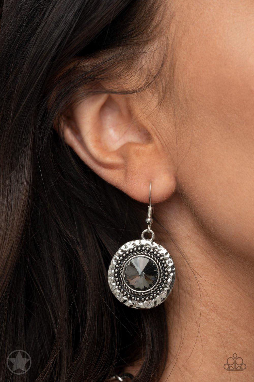 Global Glamour Silver and Smoky Gem Necklace and matching Earrings - Paparazzi Accessories - free matching earrings -CarasShop.com - Paparazzi Jewelry by Cara Jewels