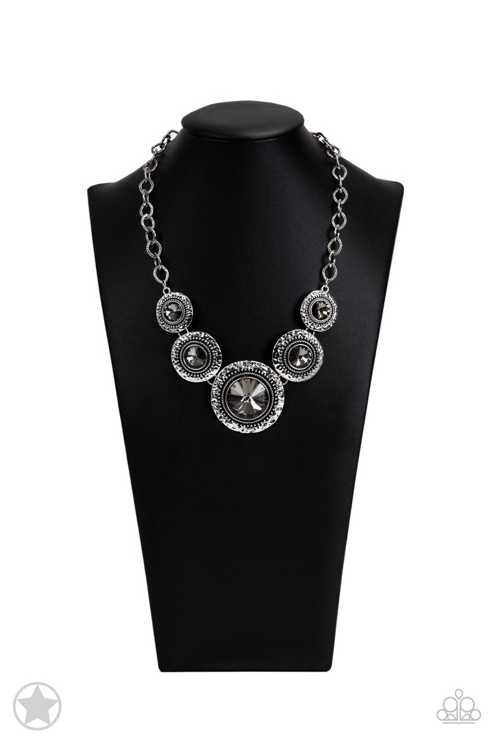 Global Glamour Silver and Smoky Gem Necklace and matching Earrings - Paparazzi Accessories- on bust -CarasShop.com - Paparazzi Jewelry by Cara Jewels