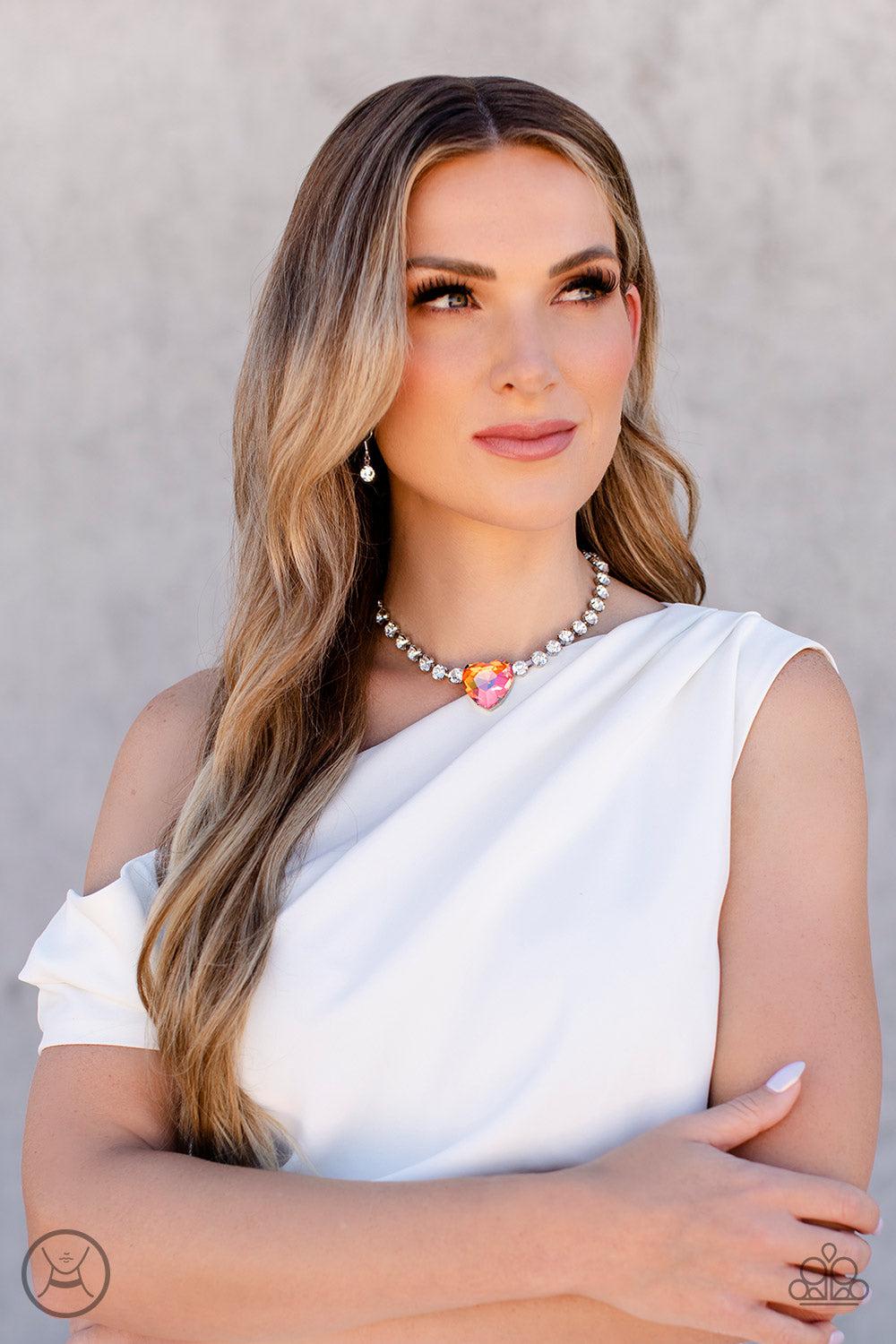 Heart in My Throat Orange Iridescent Rhinestone Choker - Paparazzi Accessories