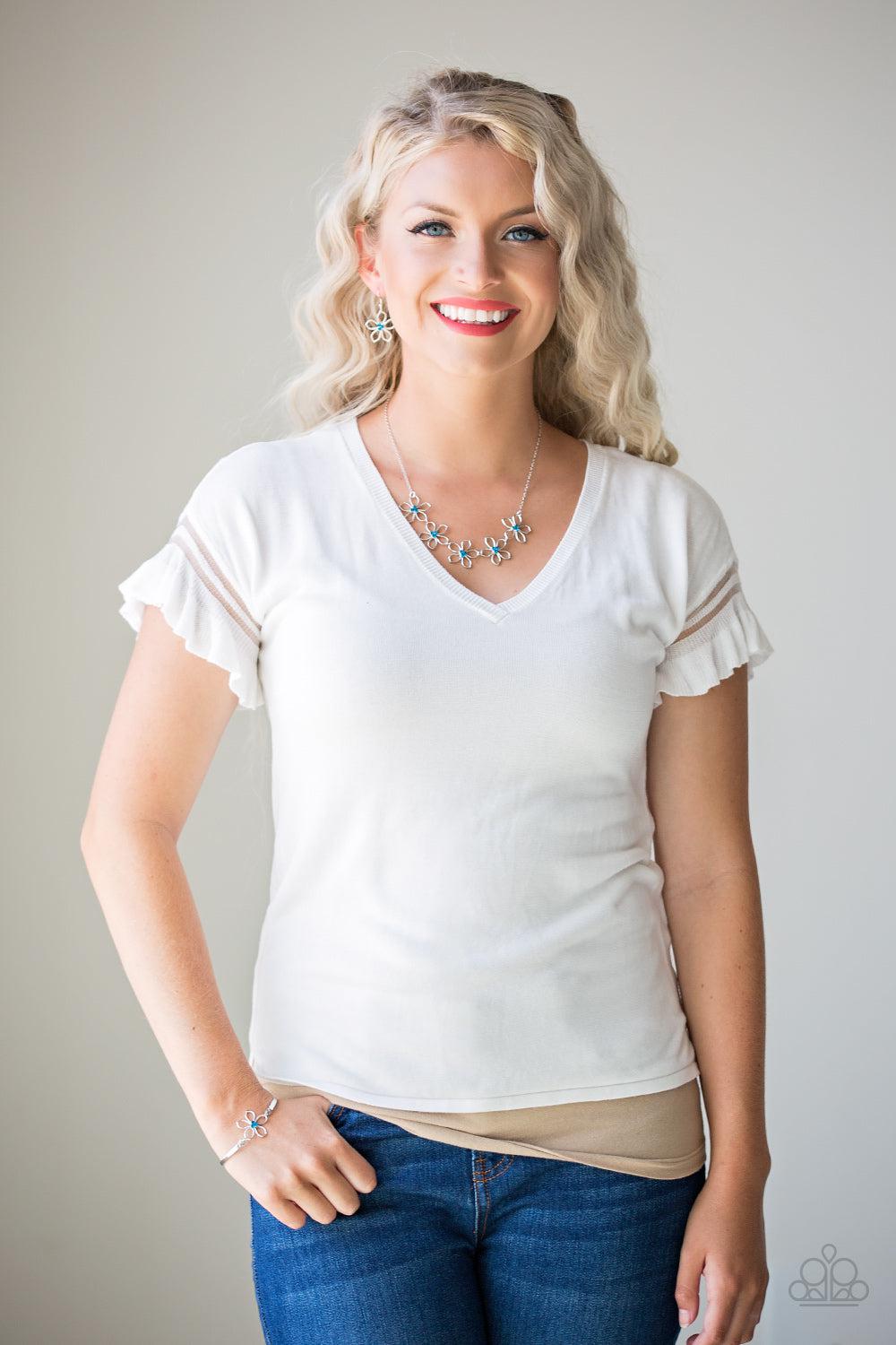 Hoppin' Hibiscus Blue Rhinestone and Silver Flower Necklace - Paparazzi Accessories