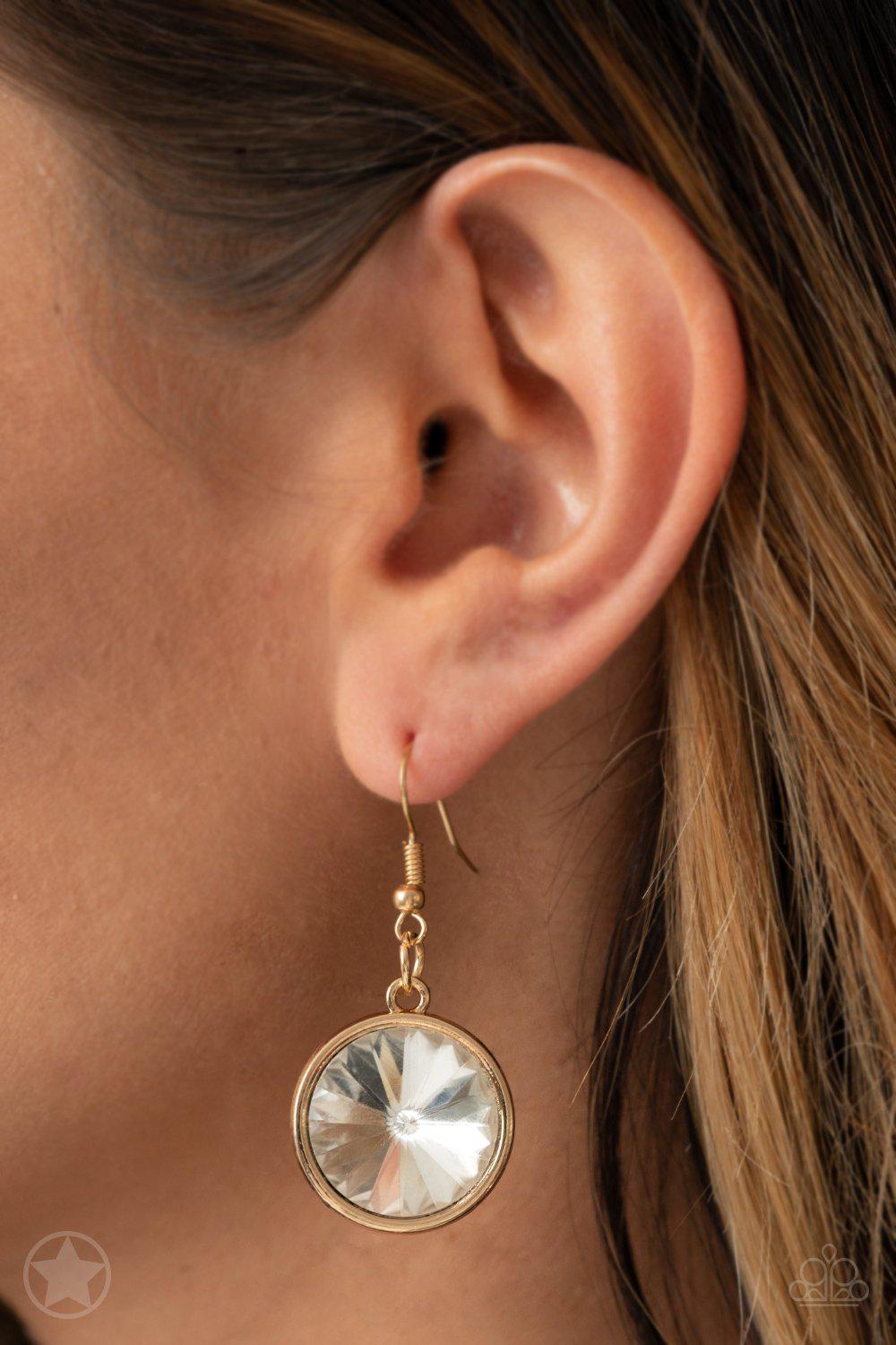 Hypnotized Gold and White Rhinestone Necklace and matching Earrings - Paparazzi Accessories - free matching earrings -CarasShop.com - Paparazzi Jewelry by Cara Jewels