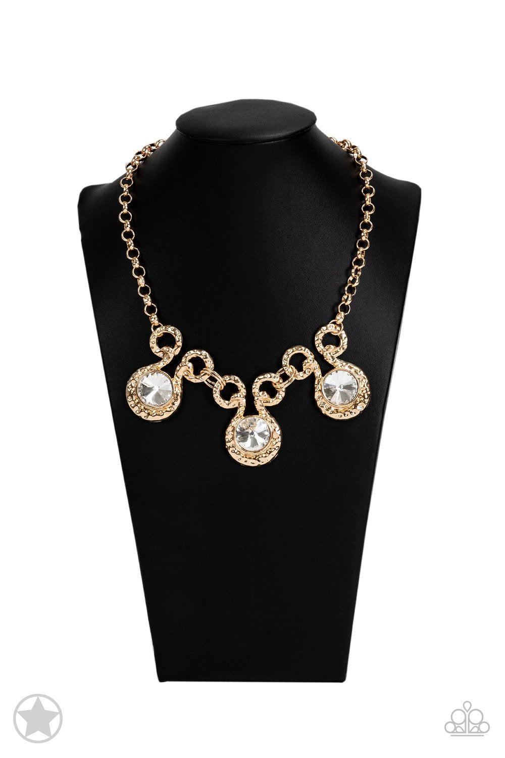 Hypnotized Gold and White Rhinestone Necklace and matching Earrings - Paparazzi Accessories- on bust -CarasShop.com - Paparazzi Jewelry by Cara Jewels