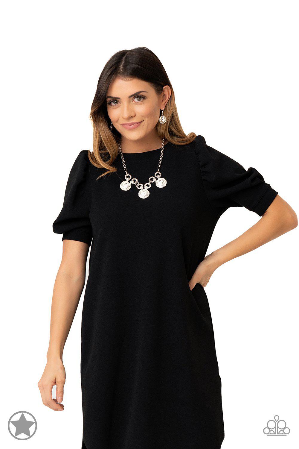 Hypnotized Silver and White Rhinestone Necklace - Paparazzi Accessories- stylized on model - CarasShop.com - Paparazzi Jewelry by Cara Jewels