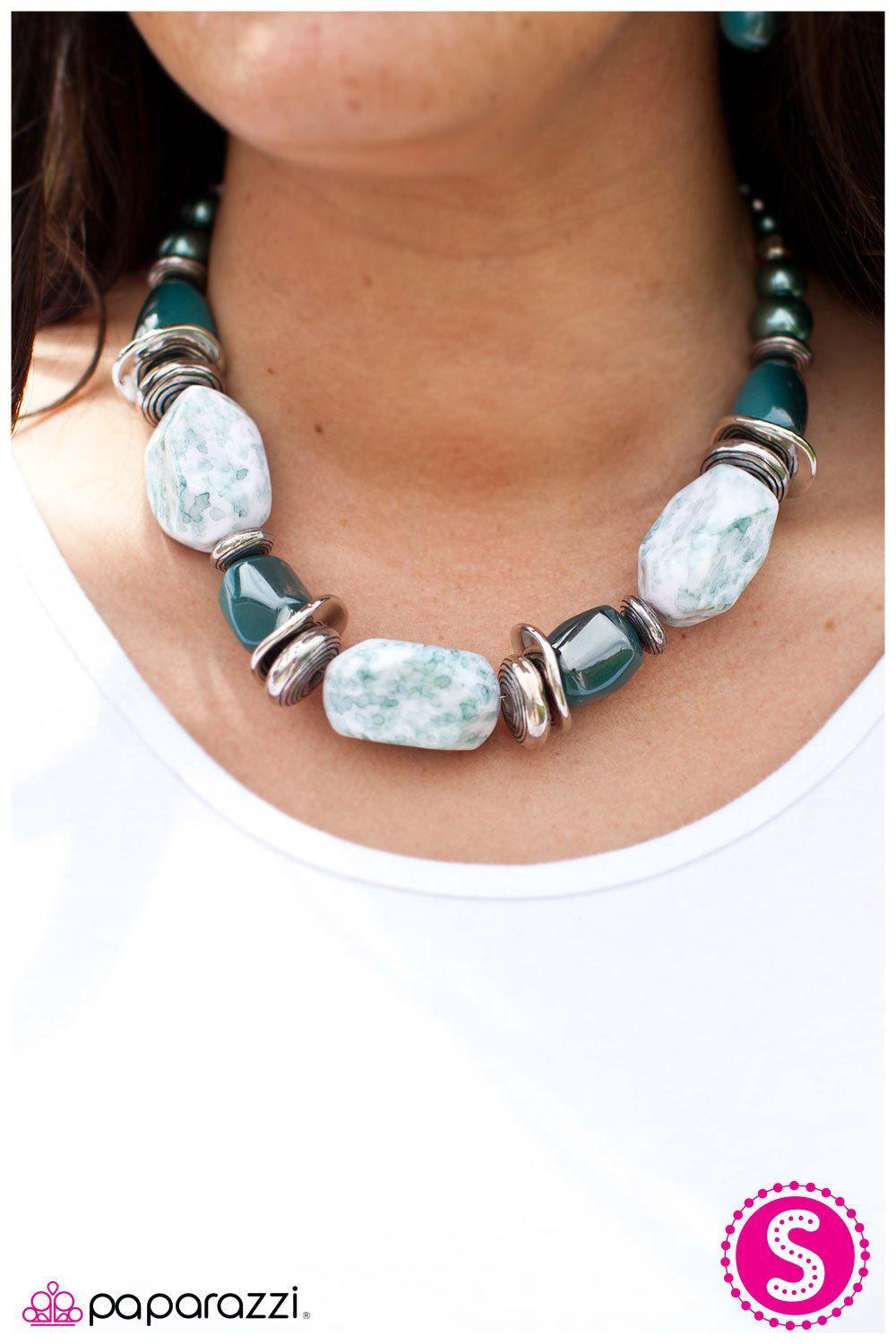 In Good Glazes Chunky Blue Necklace and matching Earrings - Paparazzi Accessories- stylized on model - CarasShop.com - Paparazzi Jewelry by Cara Jewels