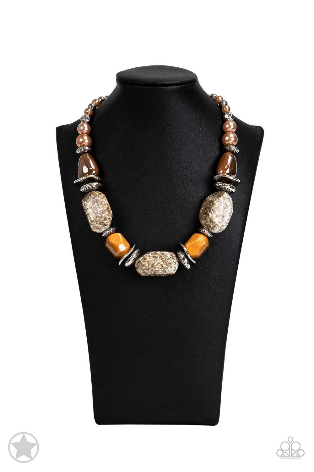 In Good Glazes Chunky Peach Necklace and matching Earrings - Paparazzi Accessories- on bust -CarasShop.com - Paparazzi Jewelry by Cara Jewels