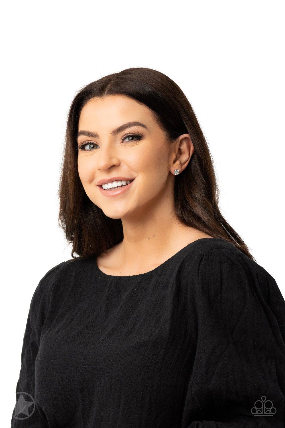 Just in Timeless White Rhinestone and Silver Post Earrings - Paparazzi Accessories- on bust -CarasShop.com - Paparazzi Jewelry by Cara Jewels