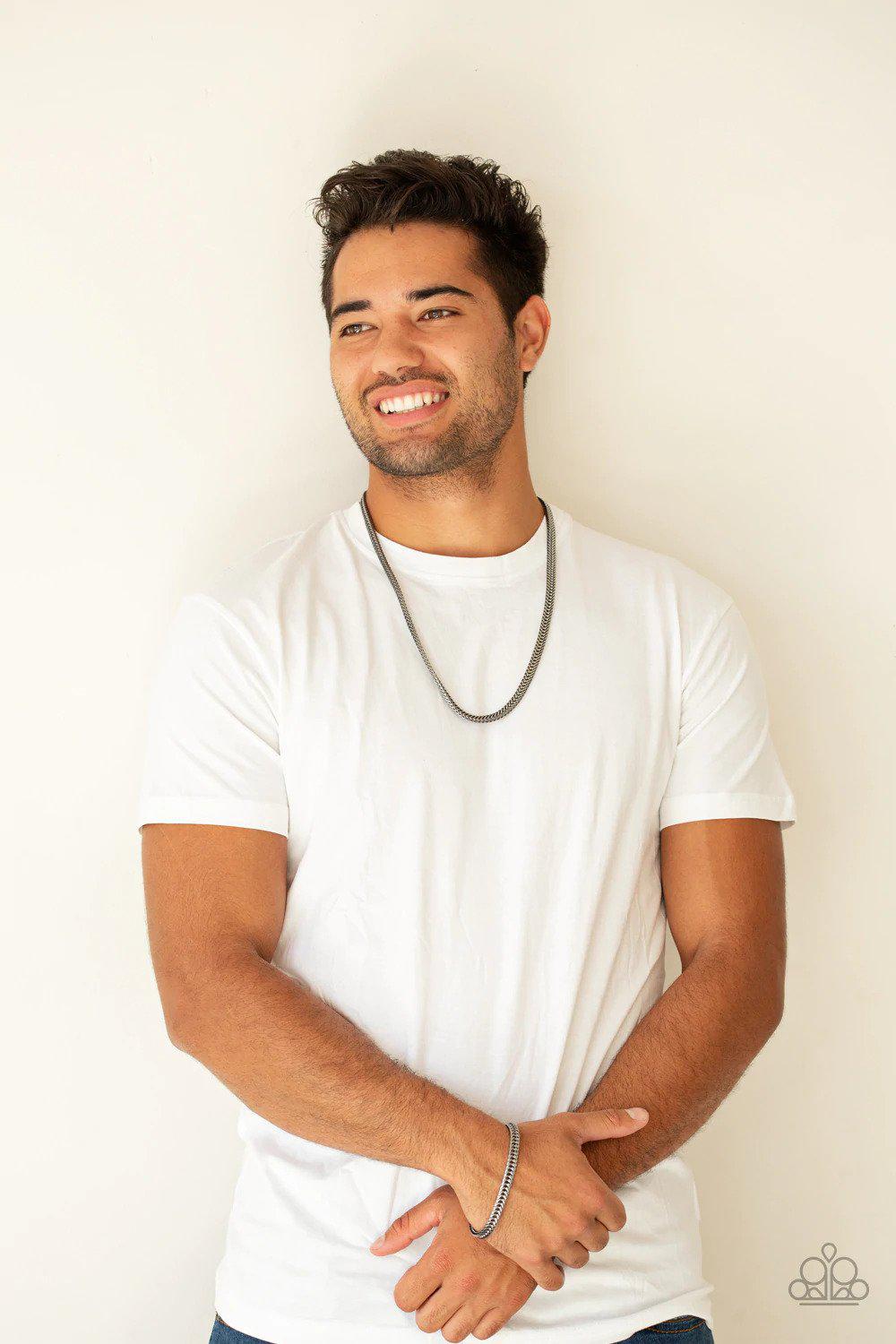 Knockout King Men's Gunmetal Black Necklace - Paparazzi Accessories - free matching earrings -CarasShop.com - Paparazzi Jewelry by Cara Jewels