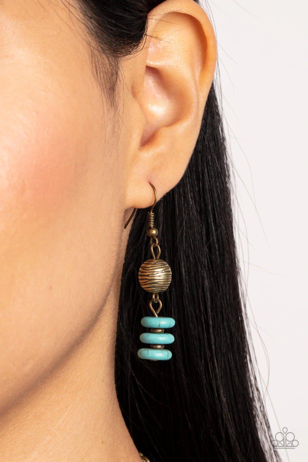 Oasis Goddess Brass & Turquoise Blue Stone Necklace - Paparazzi Accessories - free matching earrings -CarasShop.com - Paparazzi Jewelry by Cara Jewels