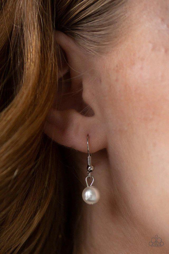 Pearl Pageant White Pearl and Silver Tassel Necklace - Paparazzi Accessories - free matching earrings -CarasShop.com - Paparazzi Jewelry by Cara Jewels