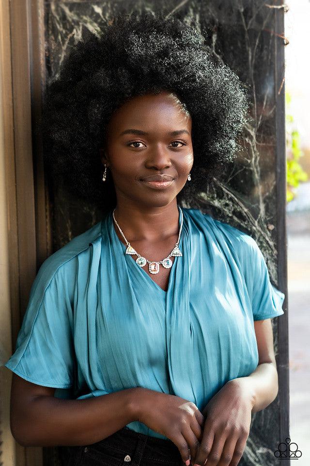 Posh Party Avenue Multi Iridescent Rhinestone Necklace - Paparazzi Accessories - stylized on model -CarasShop.com - Paparazzi Jewelry by Cara Jewels