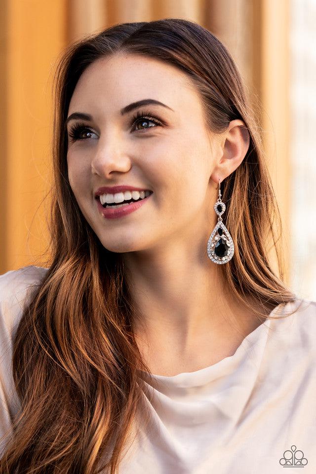 Posh Pageantry Black and White Rhinestone Earrings - Paparazzi Accessories- stylized on model - CarasShop.com - Paparazzi Jewelry by Cara Jewels