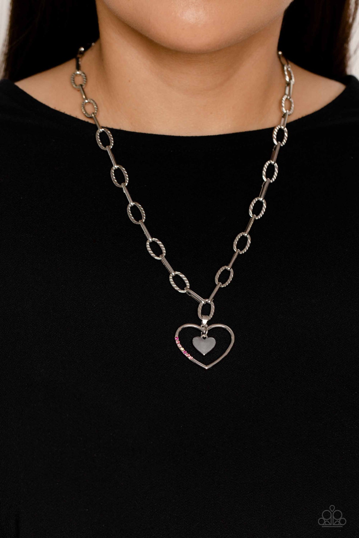 Refulgent Romance Pink Heart Necklace - Paparazzi Accessories - free matching earrings -CarasShop.com - Paparazzi Jewelry by Cara Jewels