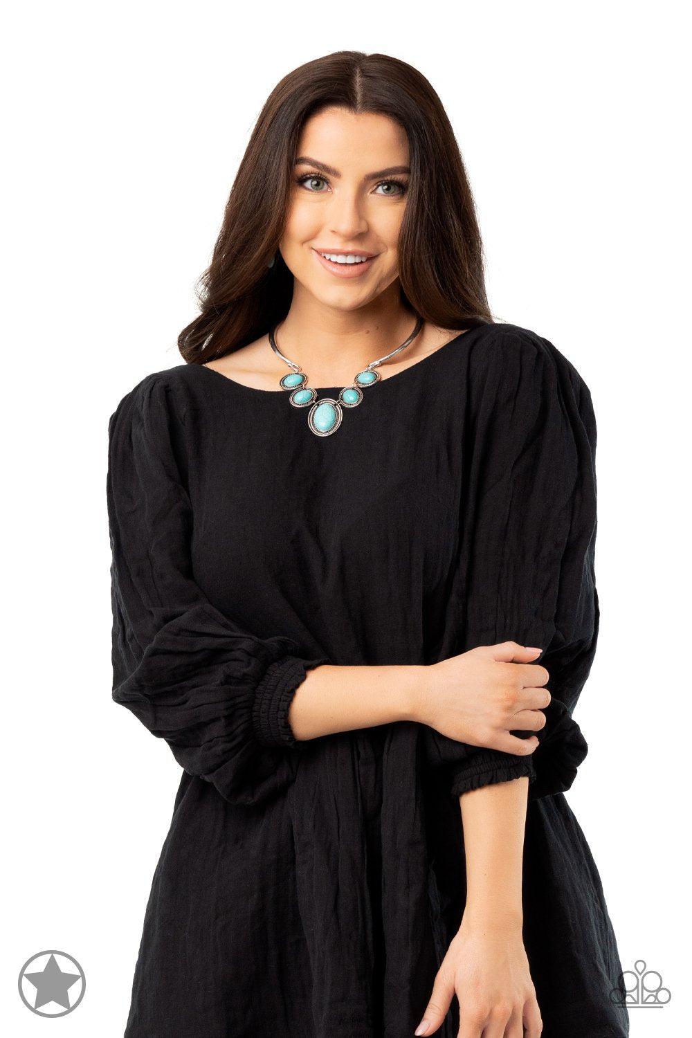 River Ride Blue Turquoise Stone Necklace and matching Earrings - Paparazzi Accessories- stylized on model - CarasShop.com - Paparazzi Jewelry by Cara Jewels