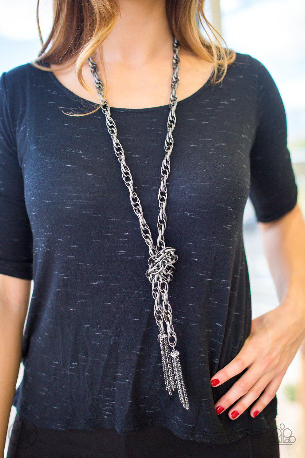 Scarfed for Attention Gunmetal Chain Necklace and matching Earrings - knotted style - Paparazzi Accessories-CarasShop.com - Paparazzi Jewelry by Cara Jewels