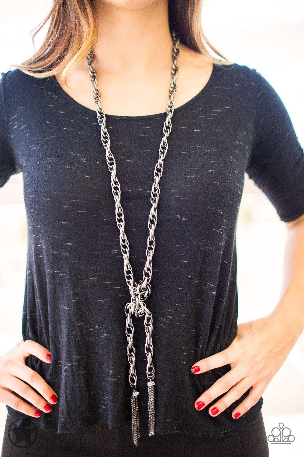 Scarfed for Attention Gunmetal Chain Necklace and matching Earrings - nautical knot style - Paparazzi Accessories-CarasShop.com - Paparazzi Jewelry by Cara Jewels