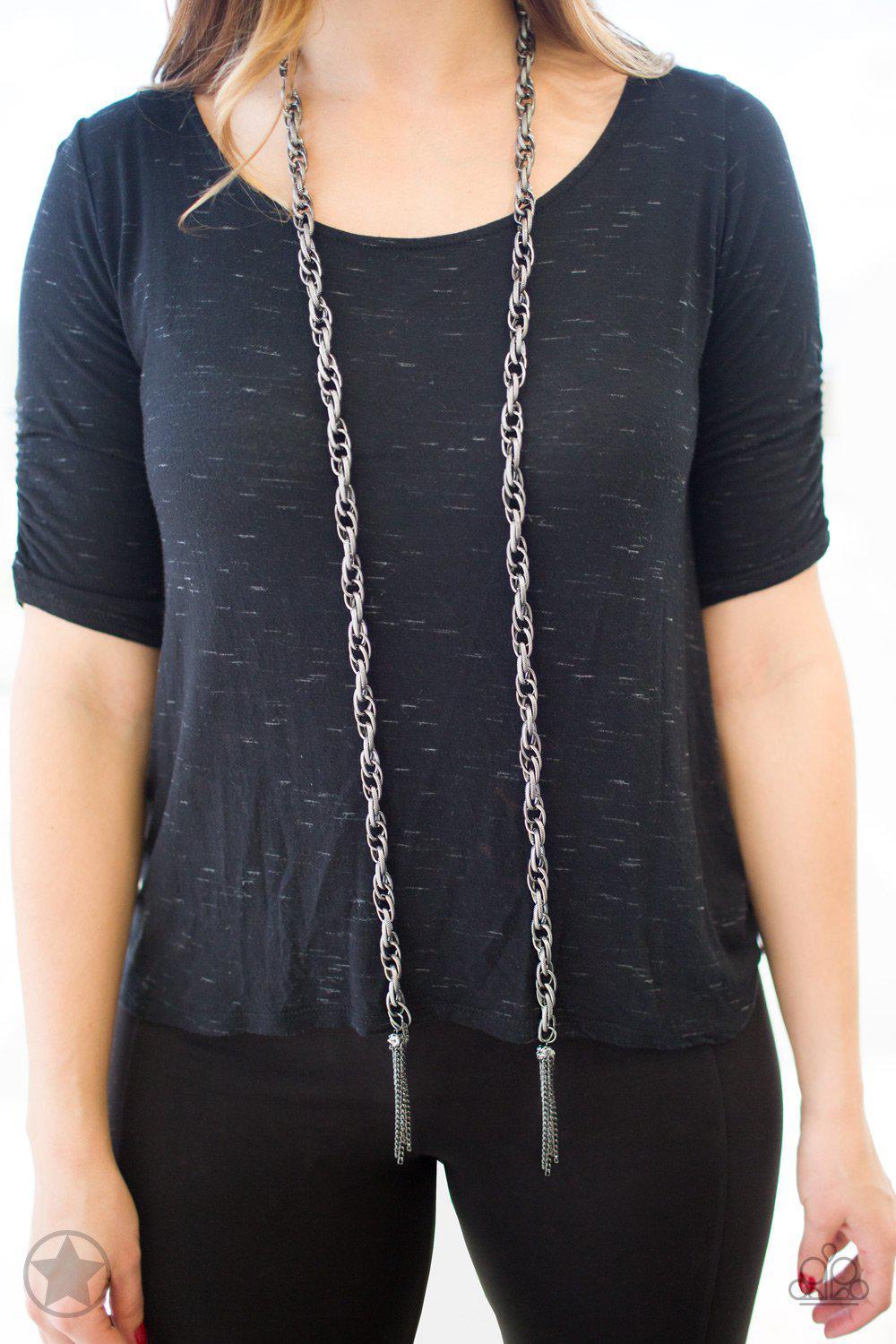Scarfed for Attention Gunmetal Chain Necklace and matching Earrings- scarf style - Paparazzi Accessories-CarasShop.com - Paparazzi Jewelry by Cara Jewels