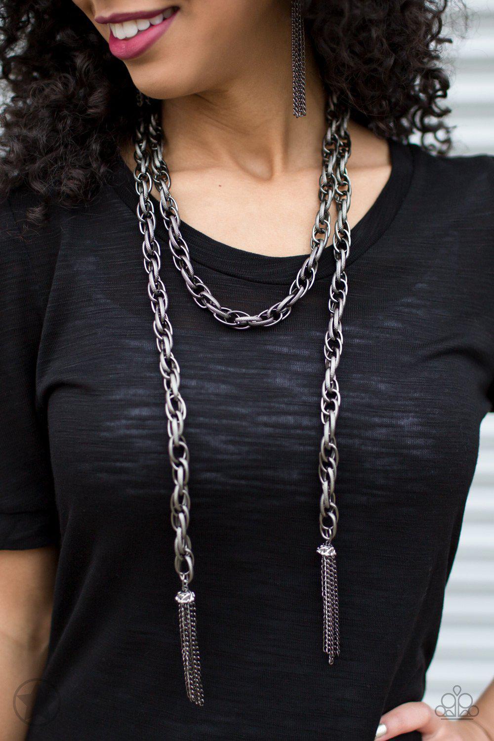 Scarfed for Attention Gunmetal Chain Necklace and matching Earrings - scarf wrap style - Paparazzi Accessories-CarasShop.com - Paparazzi Jewelry by Cara Jewels