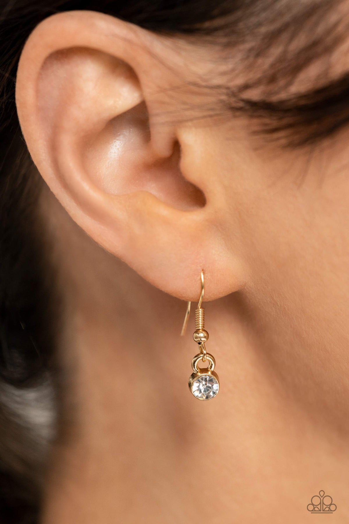 Shimmering Song Gold & White Rhinestone Necklace - Paparazzi Accessories - free matching earrings -CarasShop.com - Paparazzi Jewelry by Cara Jewels