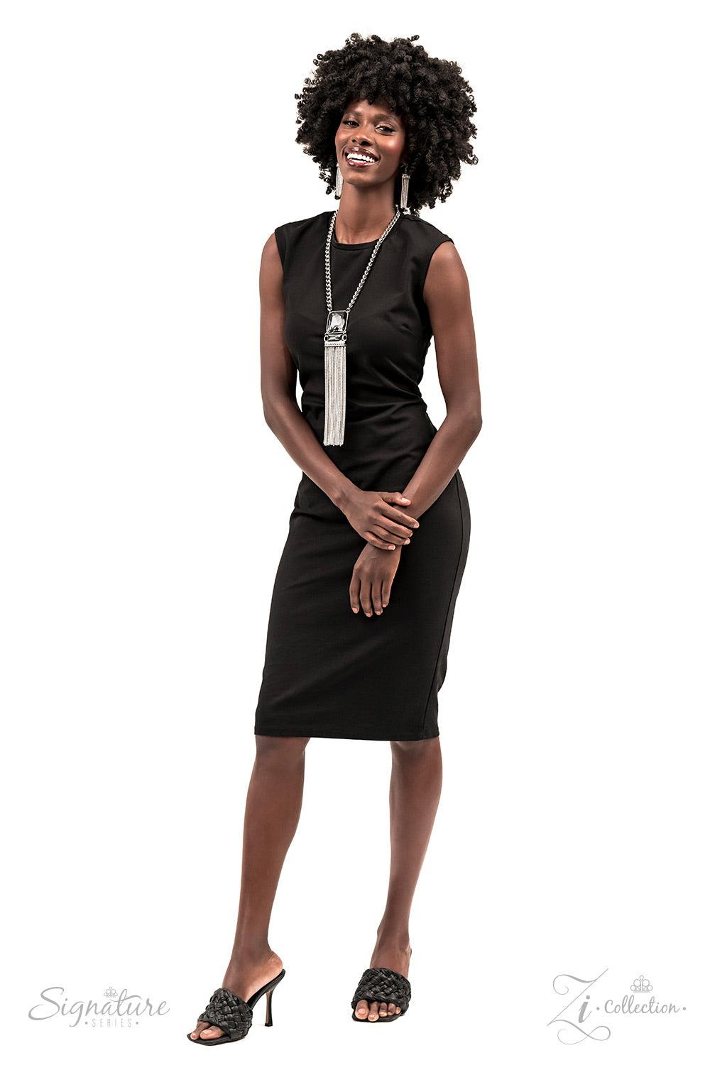 The Hope 2022 Zi Signature Collection Necklace - Paparazzi Accessories stylized on model wearing black - CarasShop.com - Paparazzi Jewelry by Cara Jewels