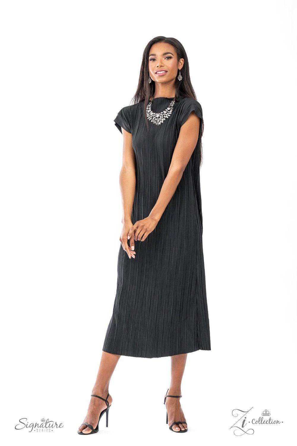 The Tanisha 2021 Zi Signature Collection Necklace - Paparazzi Accessories stylized on model wearing black - CarasShop.com - Paparazzi Jewelry by Cara Jewels