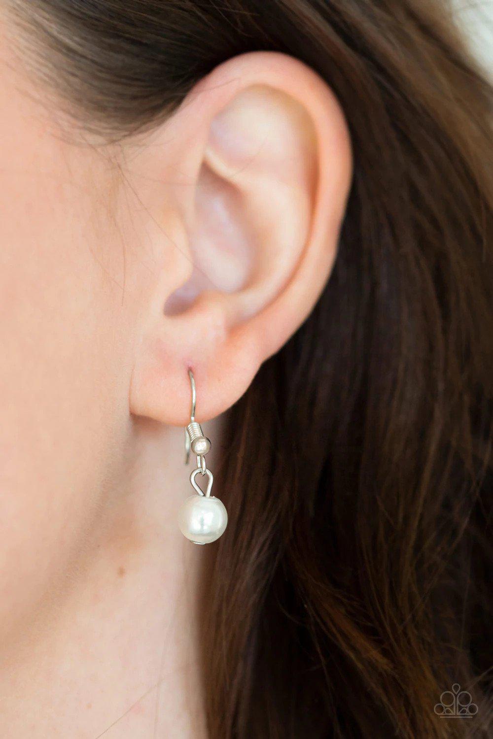 Timeless Tassels White Pearl and Silver Tassel Necklace - Paparazzi Accessories - free matching earrings -CarasShop.com - Paparazzi Jewelry by Cara Jewels