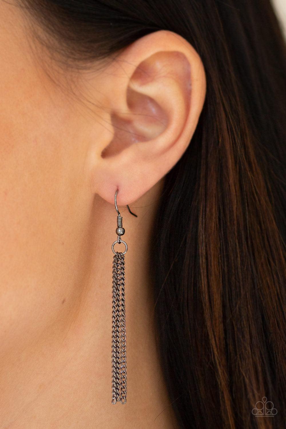 Timelessly Tasseled Gunmetal Black Necklace - Paparazzi Accessories - free matching earrings -CarasShop.com - Paparazzi Jewelry by Cara Jewels