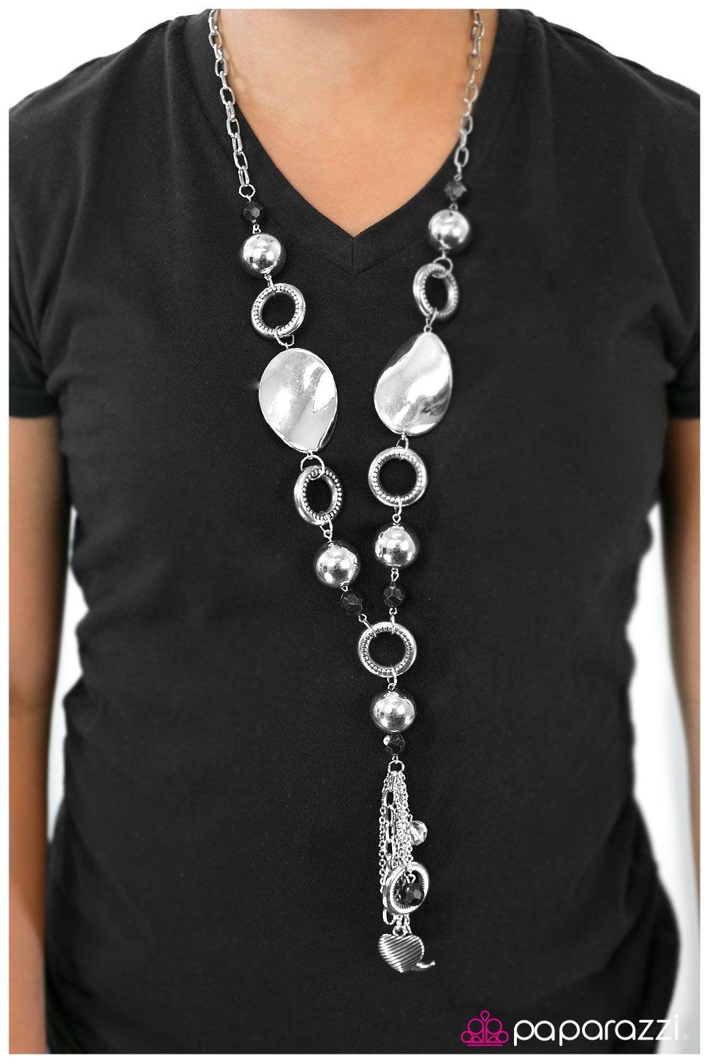 Total Eclipse of the Heart Long Silver Tassel Necklace and matching Earrings - Paparazzi Accessories - model -CarasShop.com - Paparazzi Jewelry by Cara Jewels