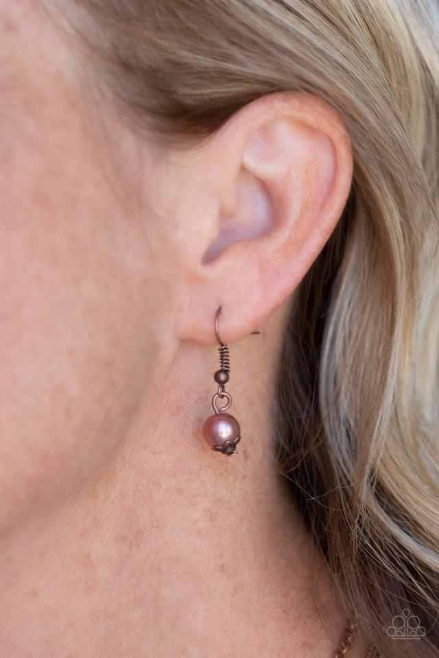 Tour de Demure Copper Pearl and Rhinestone Necklace - Paparazzi Accessories - free matching earrings -CarasShop.com - Paparazzi Jewelry by Cara Jewels