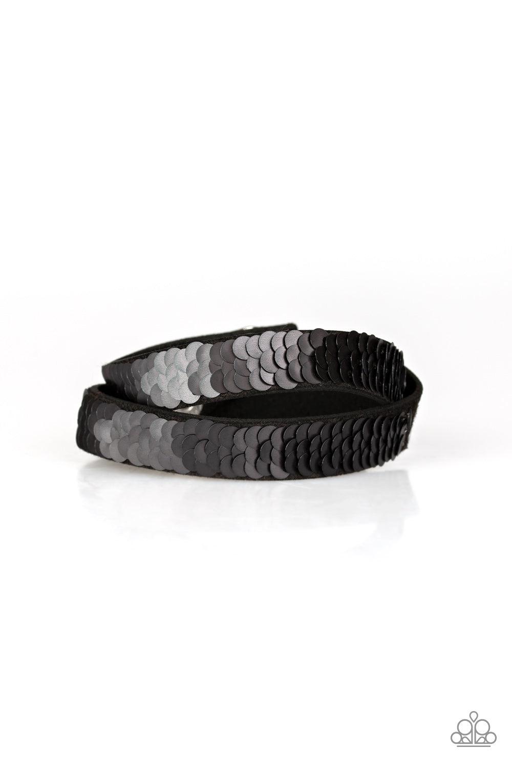 Under The SEQUINS Silver / Black Double-Wrap Snap Bracelet - Paparazzi Accessories-CarasShop.com - Paparazzi Jewelry by Cara Jewels