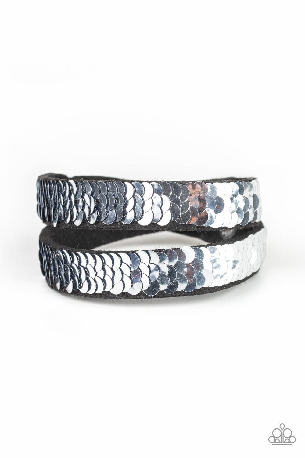 Under The SEQUINS Blue / Silver Double-Wrap Snap Bracelet - Paparazzi Accessories-CarasShop.com - Paparazzi Jewelry by Cara Jewels