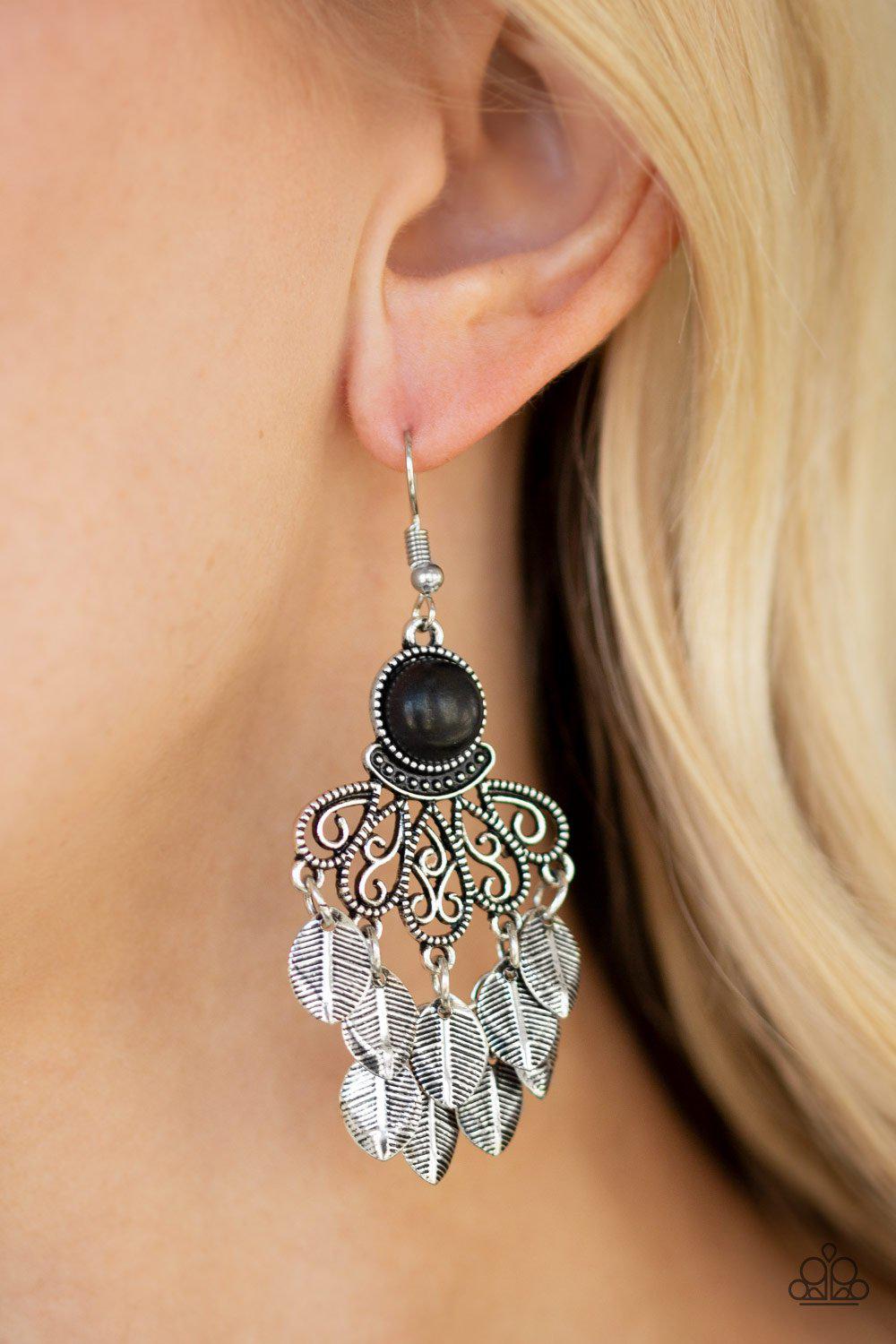A Bit On The Wildside Black and Silver Leaf Earrings - Paparazzi Accessories- on model - CarasShop.com - Paparazzi Jewelry by Cara Jewels