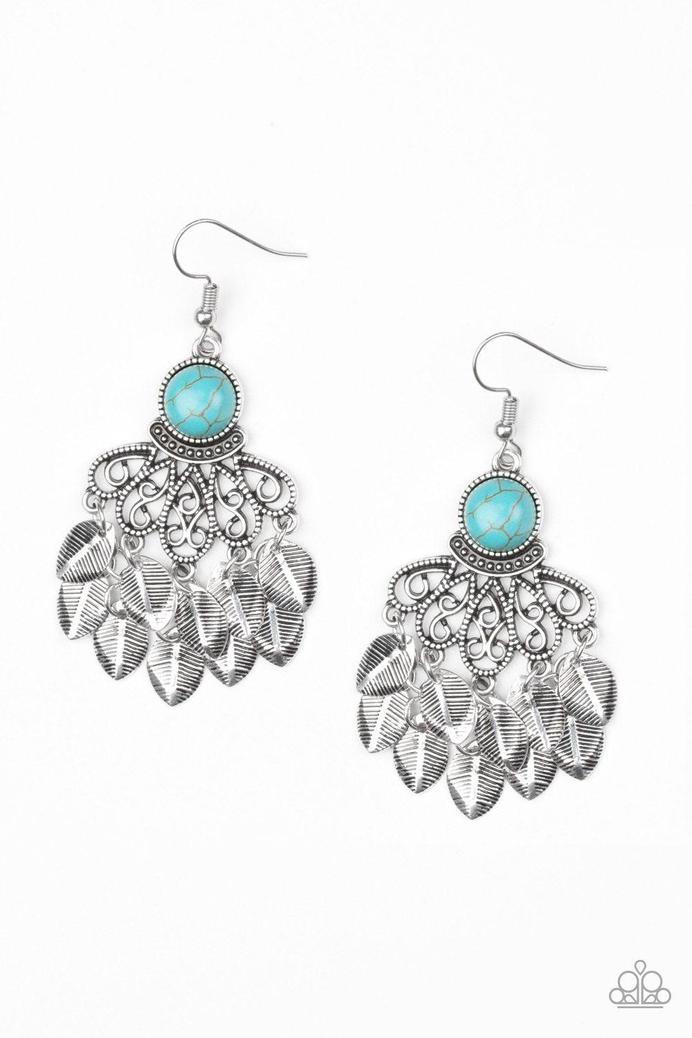 A Bit On The Wildside Turquoise Blue and Silver Leaf Earrings - Paparazzi Accessories- lightbox - CarasShop.com - Paparazzi Jewelry by Cara Jewels