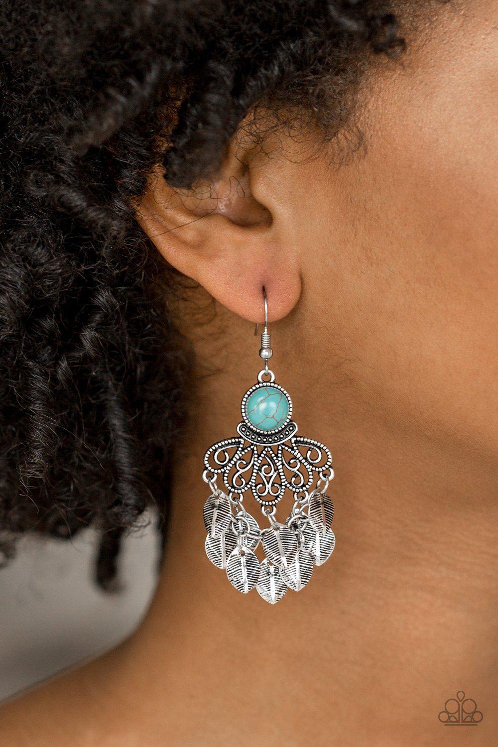 A Bit On The Wildside Turquoise Blue and Silver Leaf Earrings - Paparazzi Accessories- on model - CarasShop.com - Paparazzi Jewelry by Cara Jewels