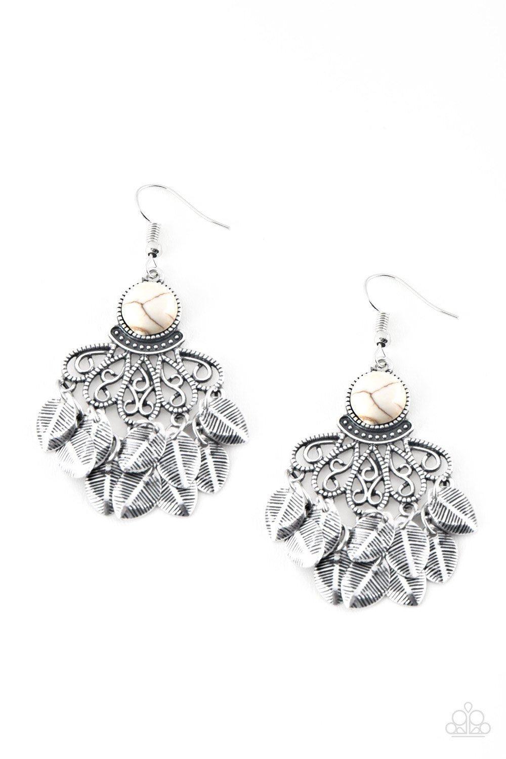 A Bit On The Wildside White Stone and Silver Leaf Earrings - Paparazzi Accessories- lightbox - CarasShop.com - Paparazzi Jewelry by Cara Jewels