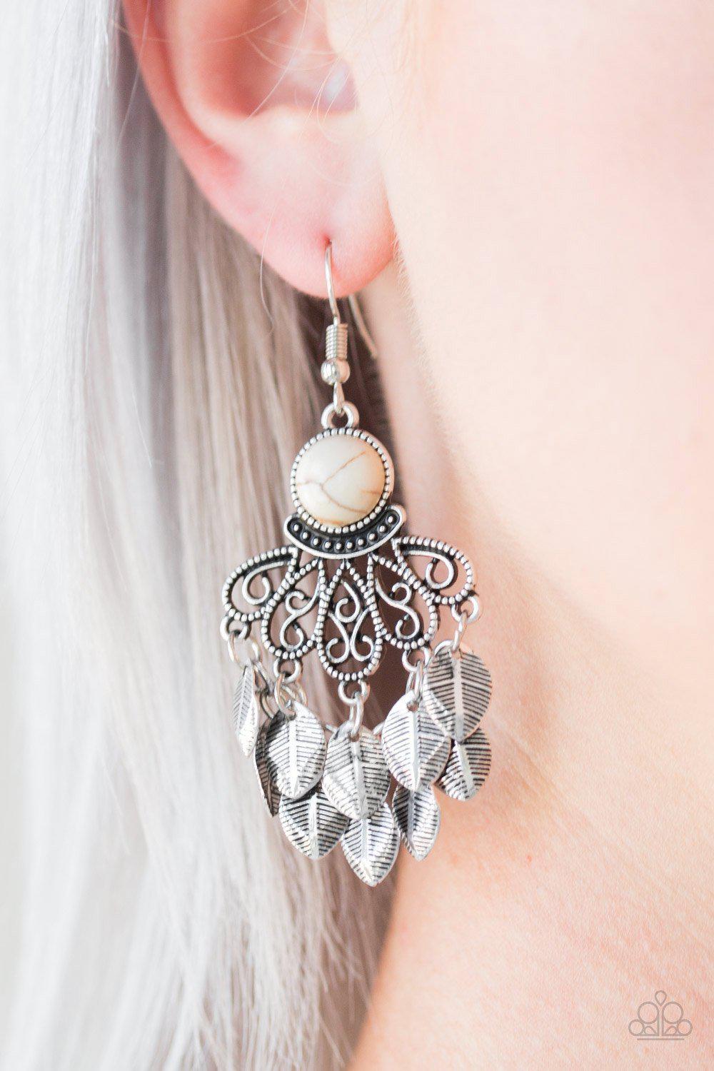 A Bit On The Wildside White Stone and Silver Leaf Earrings - Paparazzi Accessories- on model - CarasShop.com - Paparazzi Jewelry by Cara Jewels