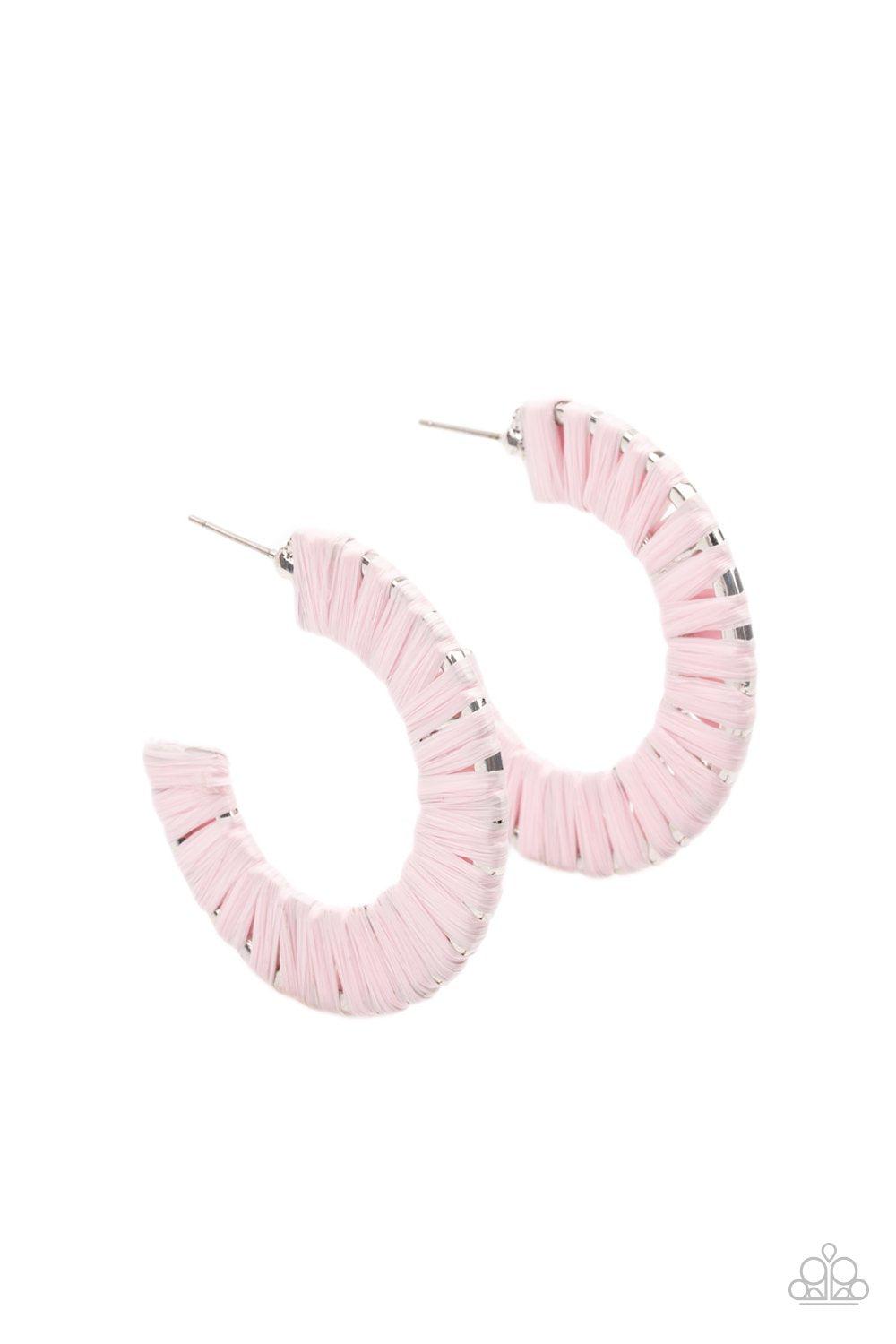 A Chance of RAINBOWS Pink Woven Hoop Earrings - Paparazzi Accessories- lightbox - CarasShop.com - Paparazzi Jewelry by Cara Jewels
