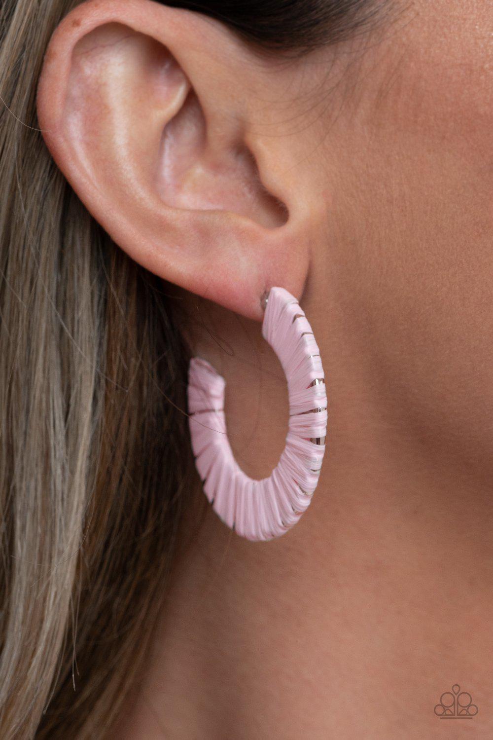 A Chance of RAINBOWS Pink Woven Hoop Earrings - Paparazzi Accessories- on model - CarasShop.com - Paparazzi Jewelry by Cara Jewels