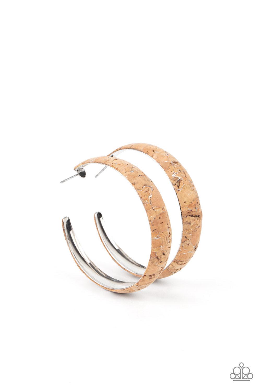 A CORK In The Road Silver & Cork Hoop Earrings- lightbox - CarasShop.com - Paparazzi Jewelry by Cara Jewels