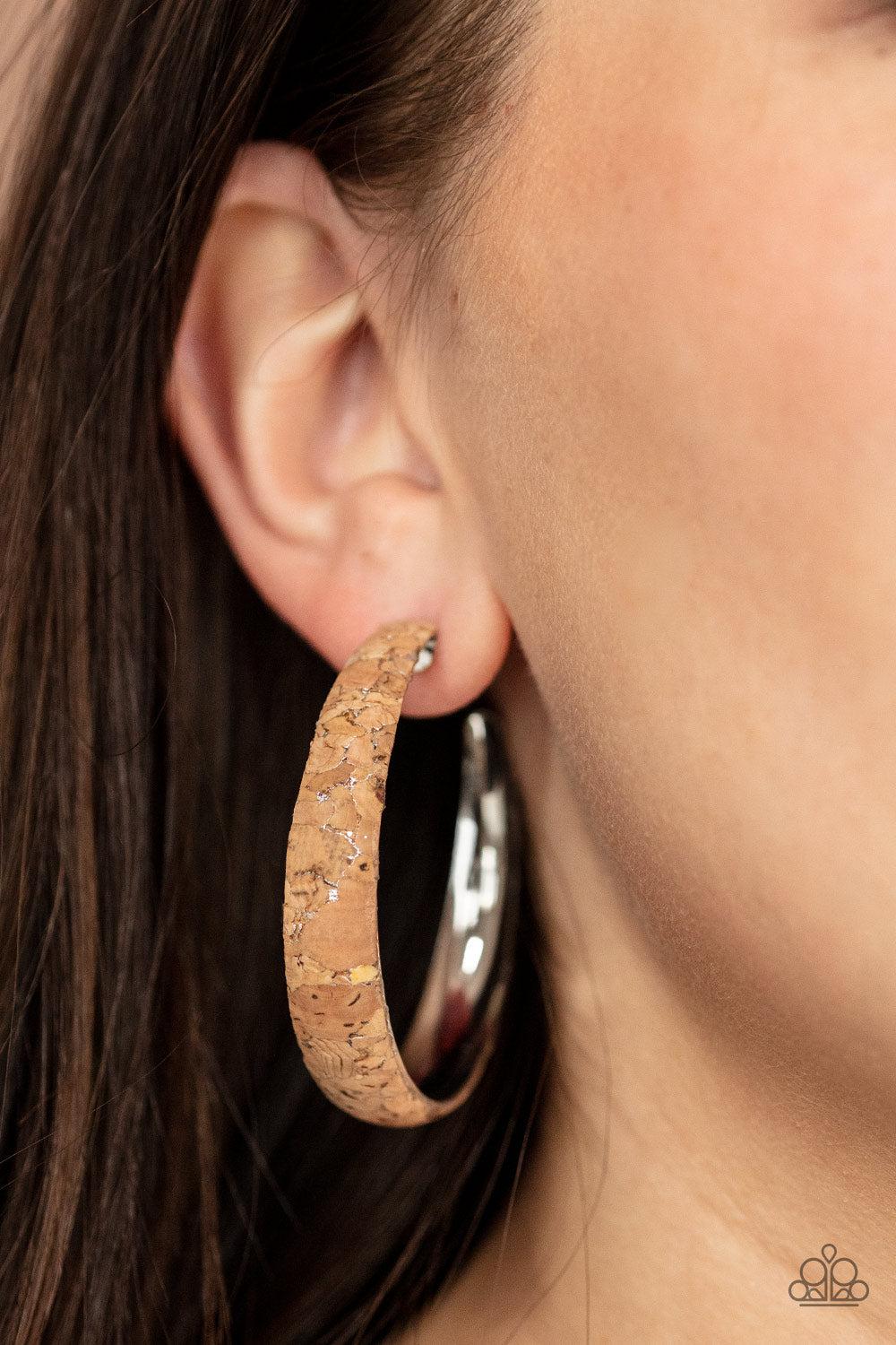 A CORK In The Road Silver & Cork Hoop Earrings- on model - CarasShop.com - Paparazzi Jewelry by Cara Jewels