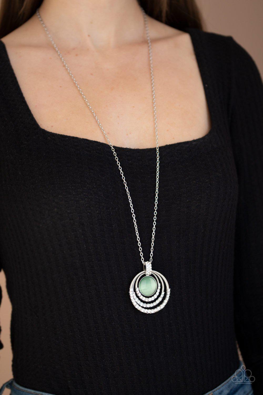 A Diamond A Day Green Cat's Eye Pendant Necklace - Paparazzi Accessories- on model - CarasShop.com - Paparazzi Jewelry by Cara Jewels