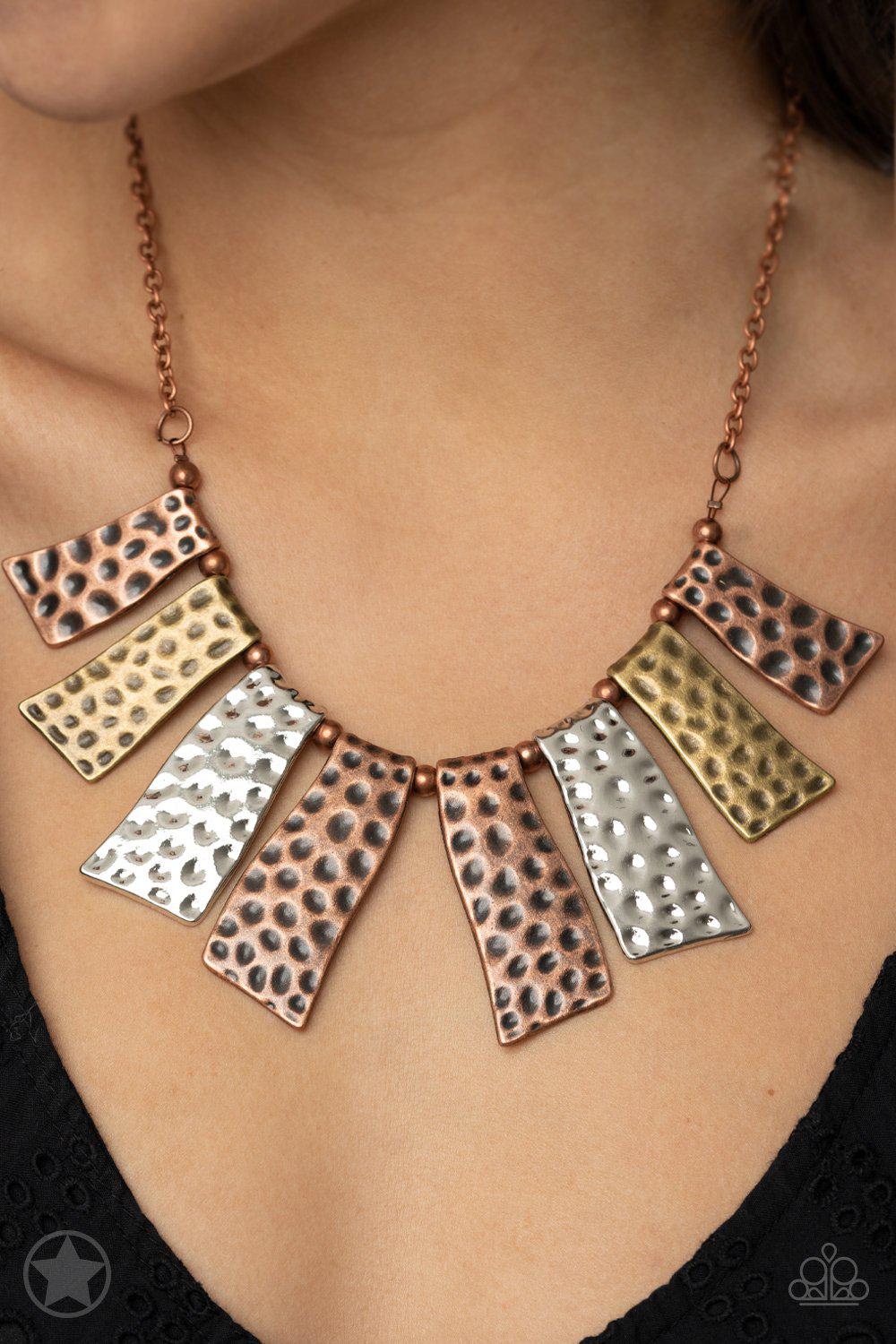 A Fan of the Tribe Copper, Silver and Brass Necklace and matching Earrings - Paparazzi Accessories- lightbox - CarasShop.com - Paparazzi Jewelry by Cara Jewels