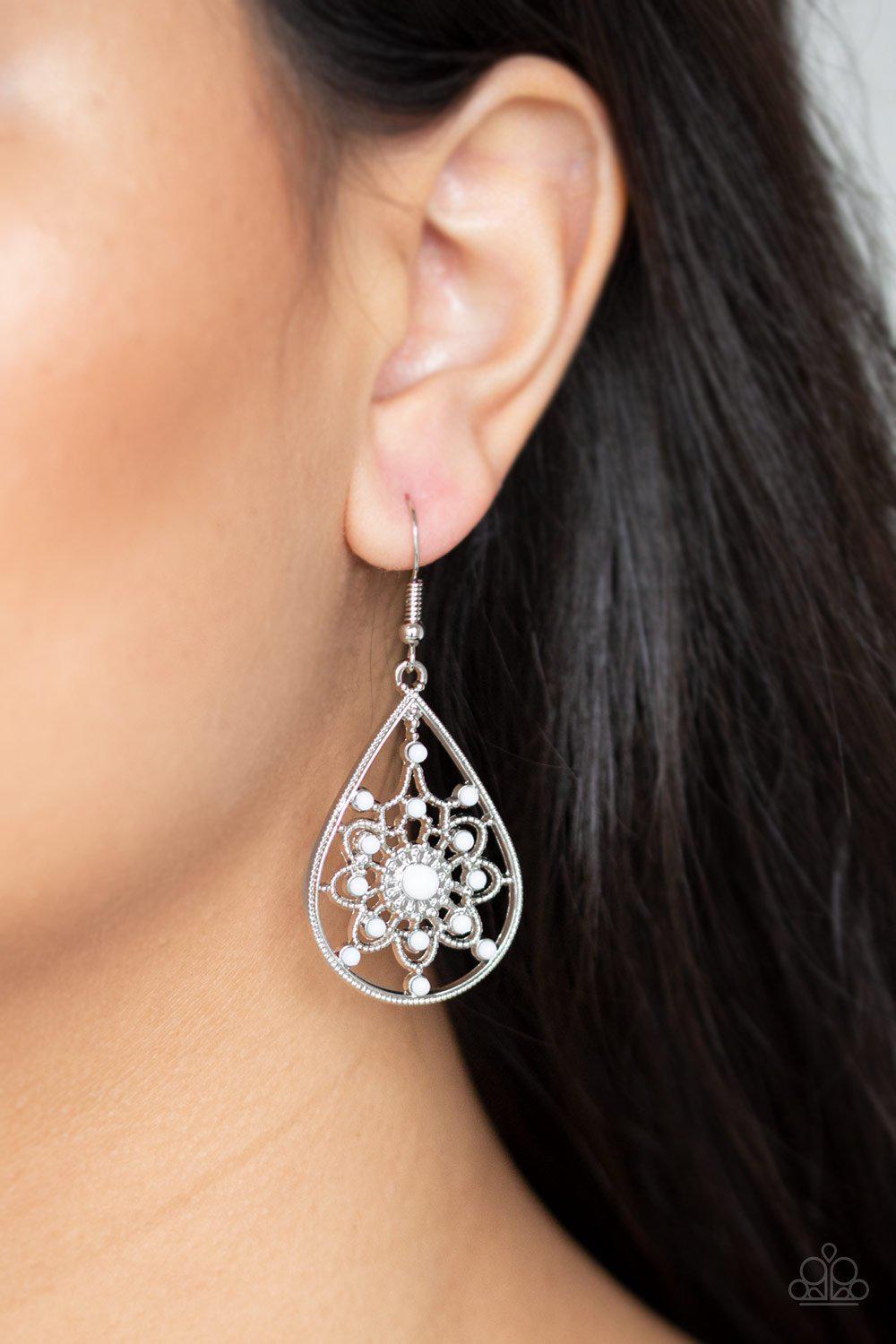 A Flair For Fabulous White Earrings - Paparazzi Accessories- on model - CarasShop.com - Paparazzi Jewelry by Cara Jewels