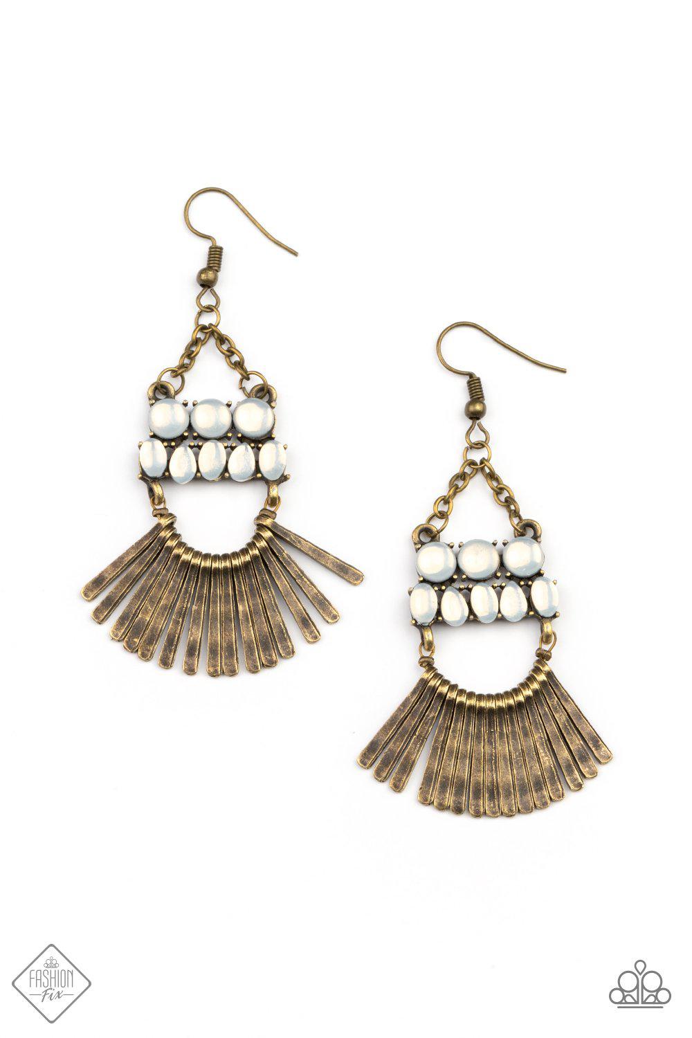 A FLARE For Fierceness Brass and White Opal Earrings - Paparazzi Accessories- lightbox - CarasShop.com - Paparazzi Jewelry by Cara Jewels