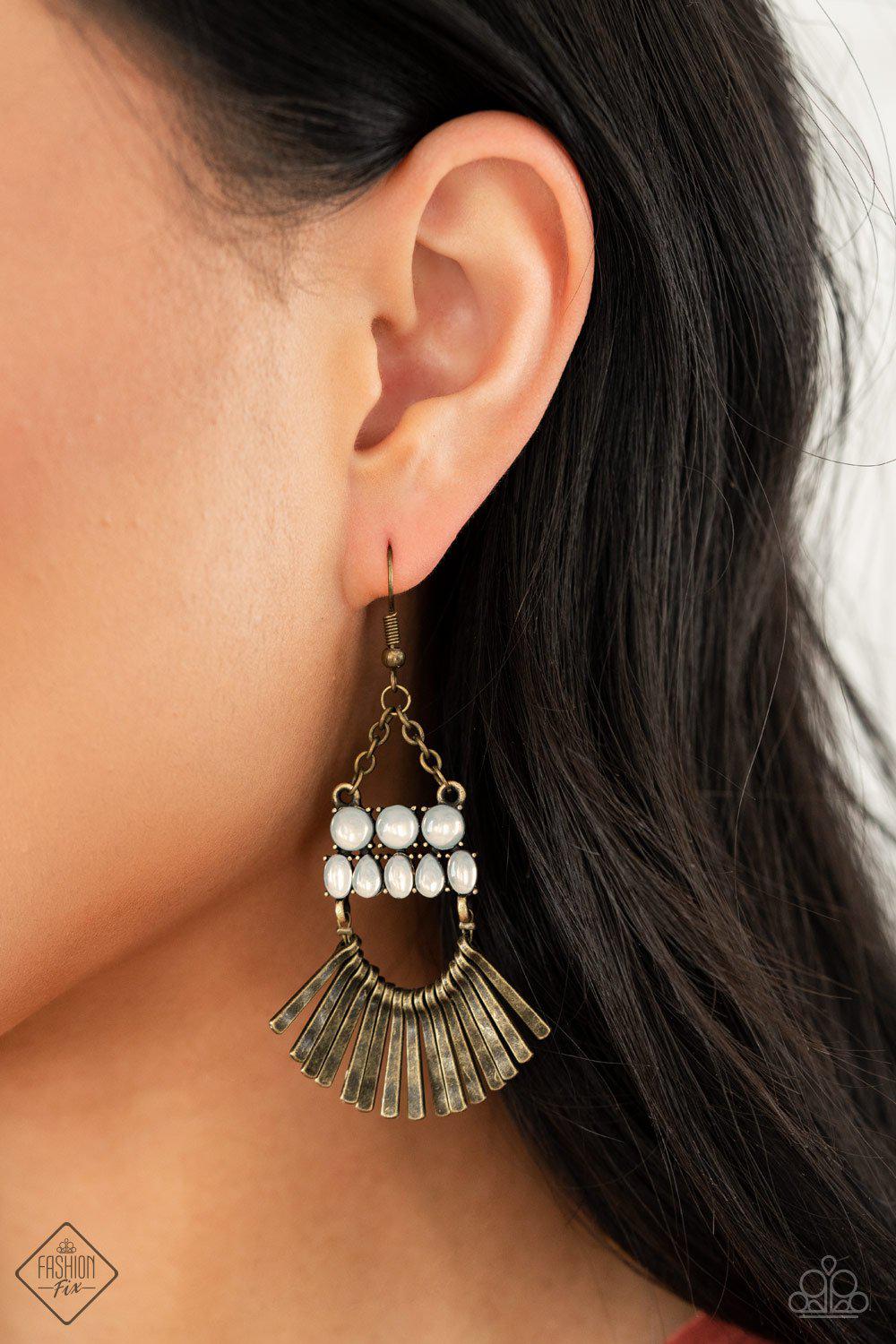 A FLARE For Fierceness Brass and White Opal Earrings - Paparazzi Accessories- on model - CarasShop.com - Paparazzi Jewelry by Cara Jewels