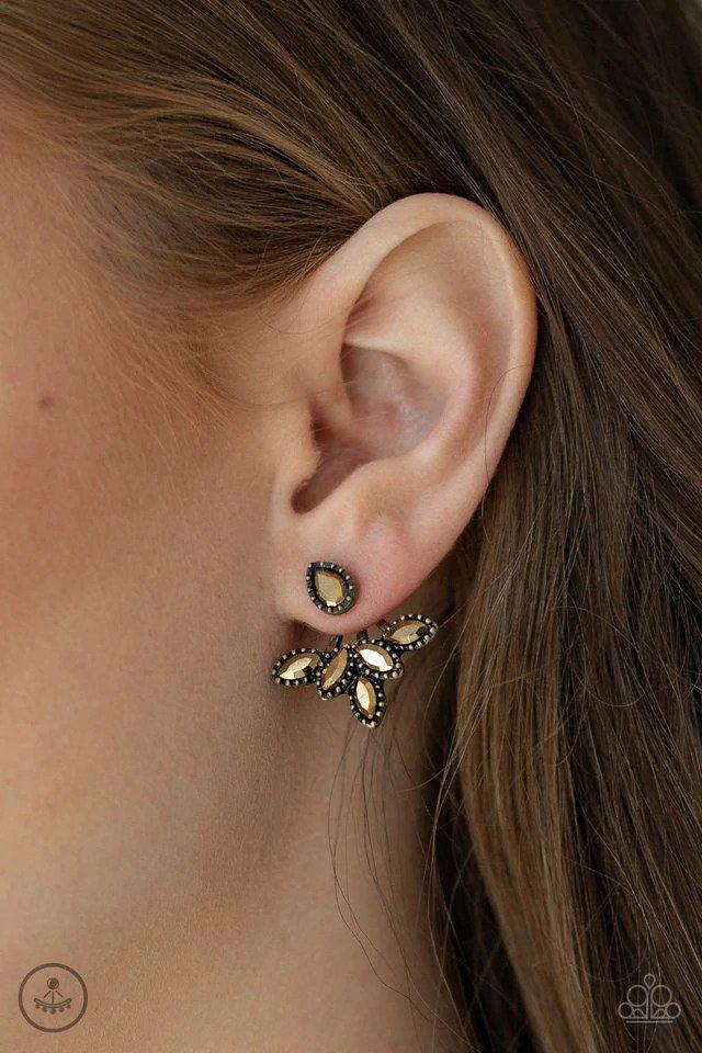A Force To BEAM Reckoned With Brass Earrings - Paparazzi Accessories- on model - CarasShop.com - Paparazzi Jewelry by Cara Jewels
