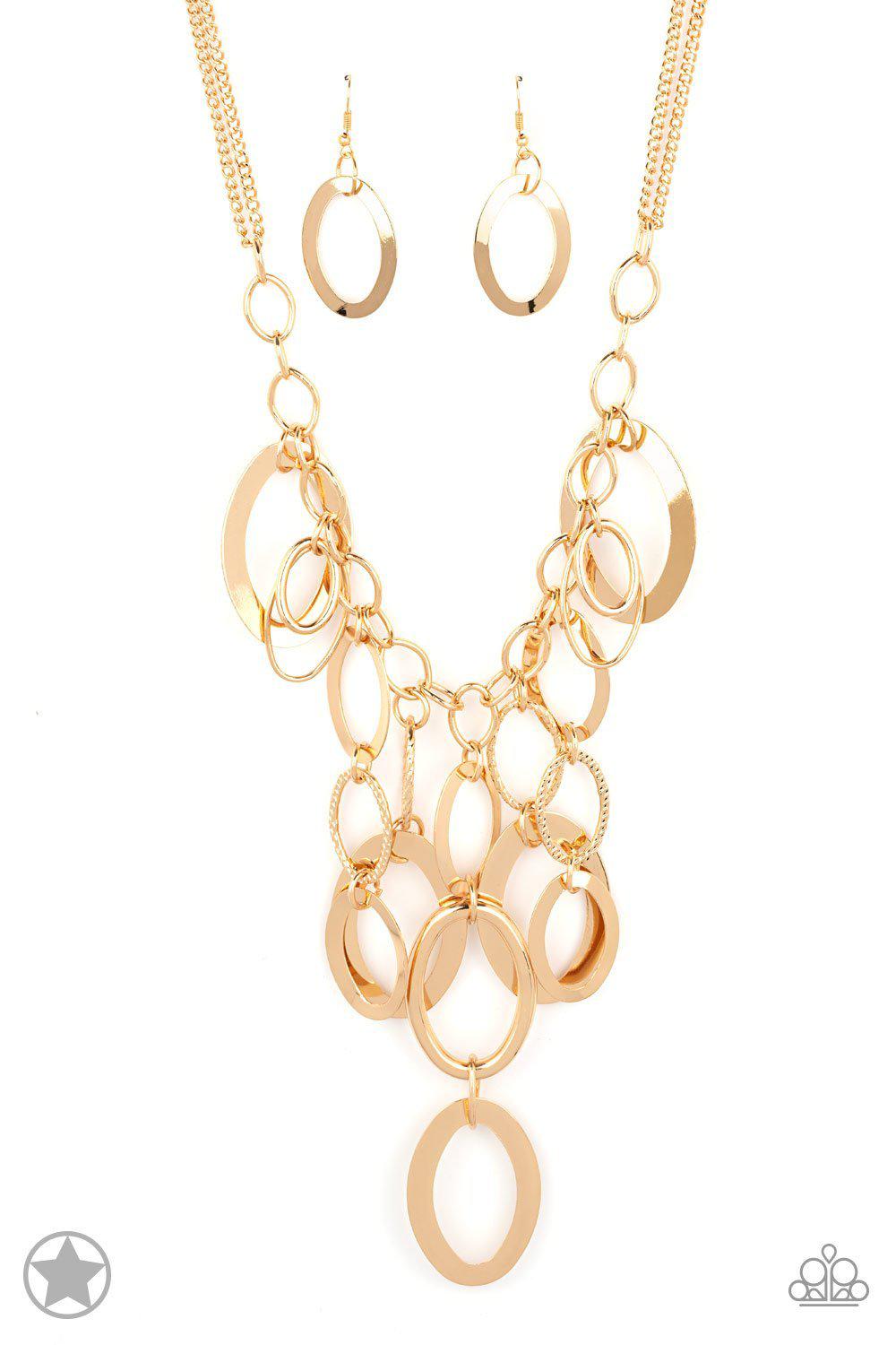 A Golden Spell Gold Necklace and matching Earrings - Paparazzi Accessories- lightbox - CarasShop.com - Paparazzi Jewelry by Cara Jewels