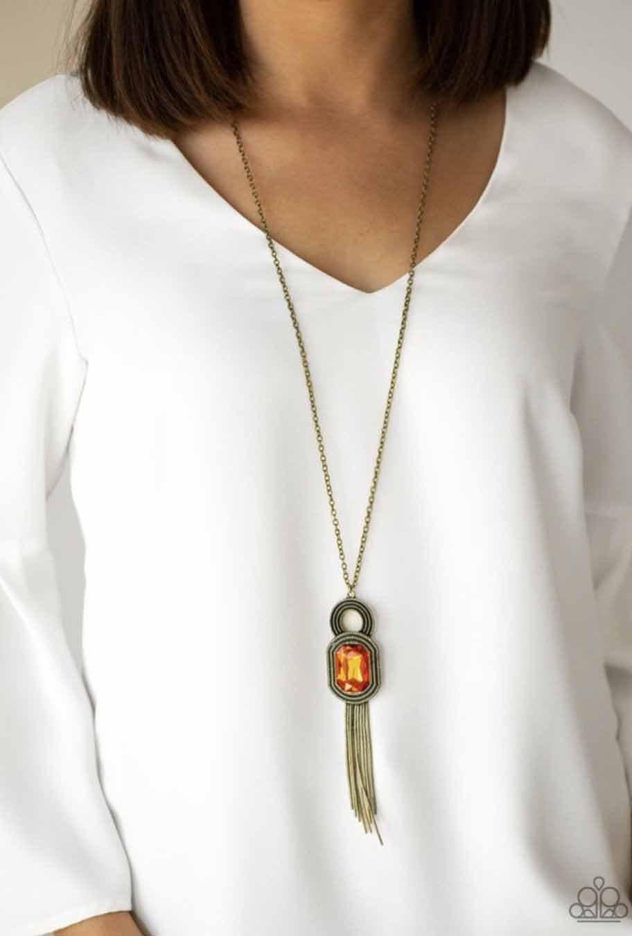 A Good TALISMAN Is Hard To Find Orange and Brass Necklace - Paparazzi Accessories- on model - CarasShop.com - Paparazzi Jewelry by Cara Jewels