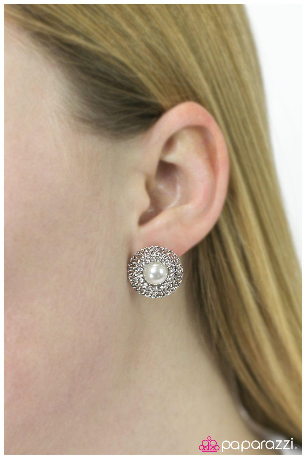 A Grand Gesture White Pearl Post Earrings - Paparazzi Accessories- on model - CarasShop.com - Paparazzi Jewelry by Cara Jewels