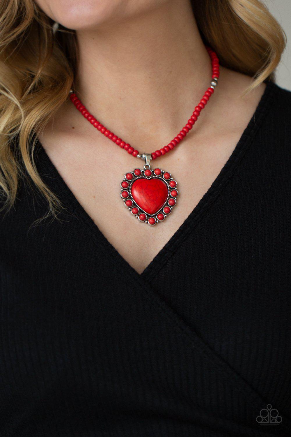 A Heart Of Stone Red Stone Heart Necklace - Paparazzi Accessories- on model - CarasShop.com - Paparazzi Jewelry by Cara Jewels